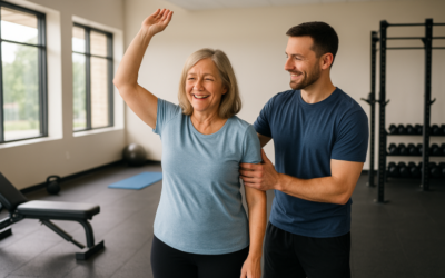 Older woman smiling and raising her arm while being assisted by a fitness trainer in a gym setting, emphasizing strength and mobility training.