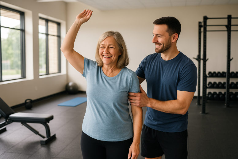 Older woman smiling and raising her arm while receiving support from a male fitness trainer in a gym setting, emphasizing strength and mobility training.