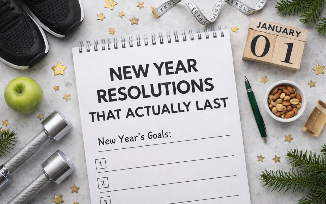 New Year resolutions notebook with goals list, green apple, dumbbells, and January 1 calendar, symbolizing fitness motivation and lasting change.