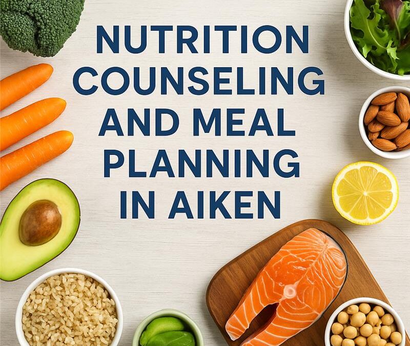 Nutrition counseling and meal planning with fresh ingredients, including salmon, vegetables, nuts, and grains, emphasizing personalized nutrition in Aiken.