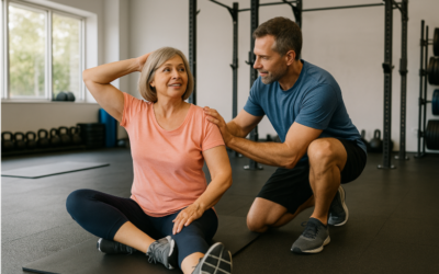 Woman practicing mobility training with a trainer in a fitness studio, demonstrating exercises for improved flexibility and movement.