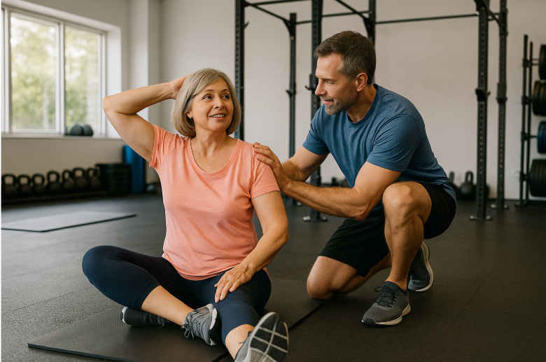 Woman engaging in mobility training with a trainer in a fitness studio, demonstrating exercises to improve flexibility and reduce stiffness.