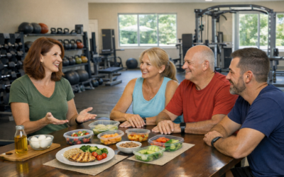 Group discussion on healthy eating habits with meal prep options in a fitness setting.