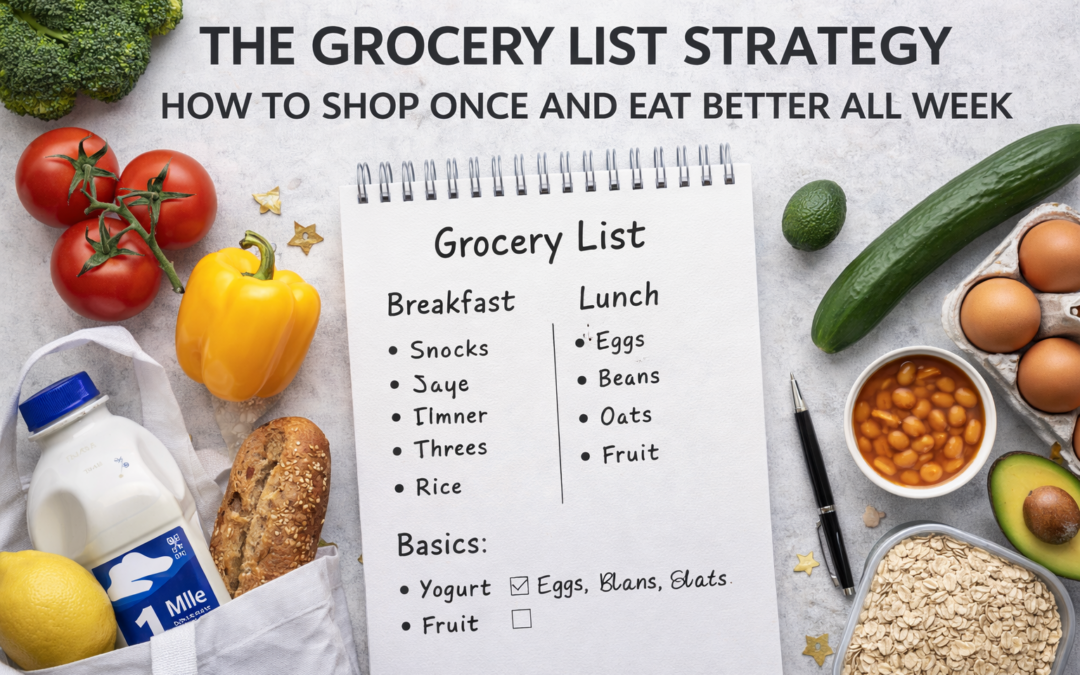Grocery list with breakfast and lunch items, including fruits, vegetables, eggs, and oats, surrounded by fresh produce and a notebook, illustrating effective meal planning for better nutrition.
