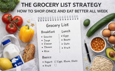Grocery list with items for breakfast and lunch alongside fresh produce, emphasizing meal planning and nutrition strategies for healthy eating.