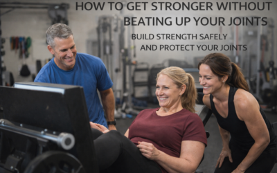 Woman exercising on leg press machine with two trainers offering guidance, text overlay promoting safe strength training and joint protection.