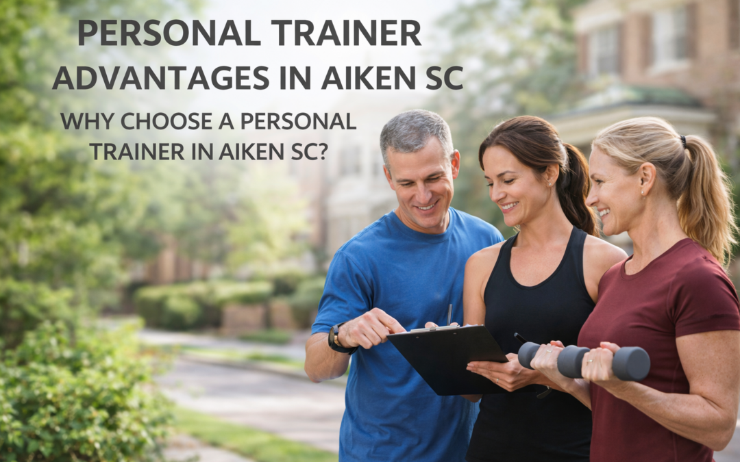 Personal trainer discussing fitness plans with two clients outdoors in Aiken, SC, emphasizing personalized training benefits.